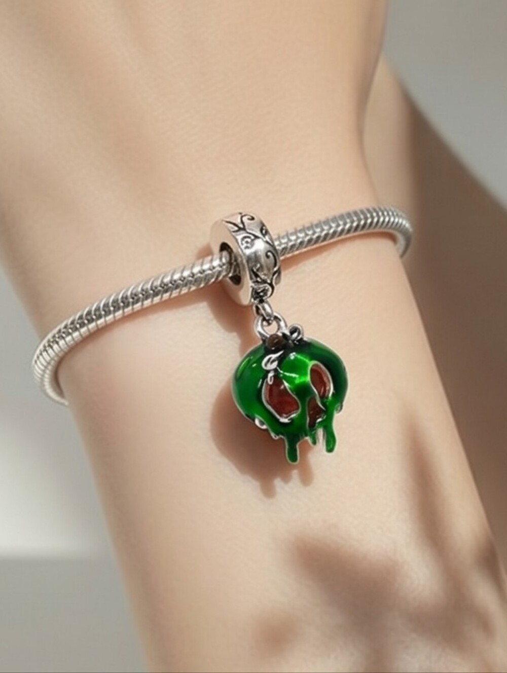 Poisoned Apple Charm S925 Sterling Silver Slide-On Bracelet Disney Villain Inspo